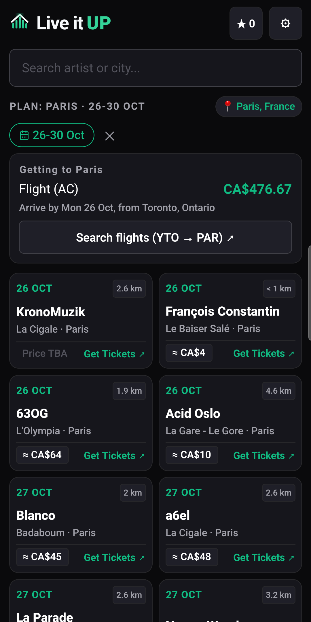 The Live it UP feed planned ahead for Paris, 26 to 30 October: a Getting to Paris flight card from Toronto at CA$476.67, then two columns of tiles with dates, distances, venues and prices such as approximately CA$64, and one tile that reads Price TBA