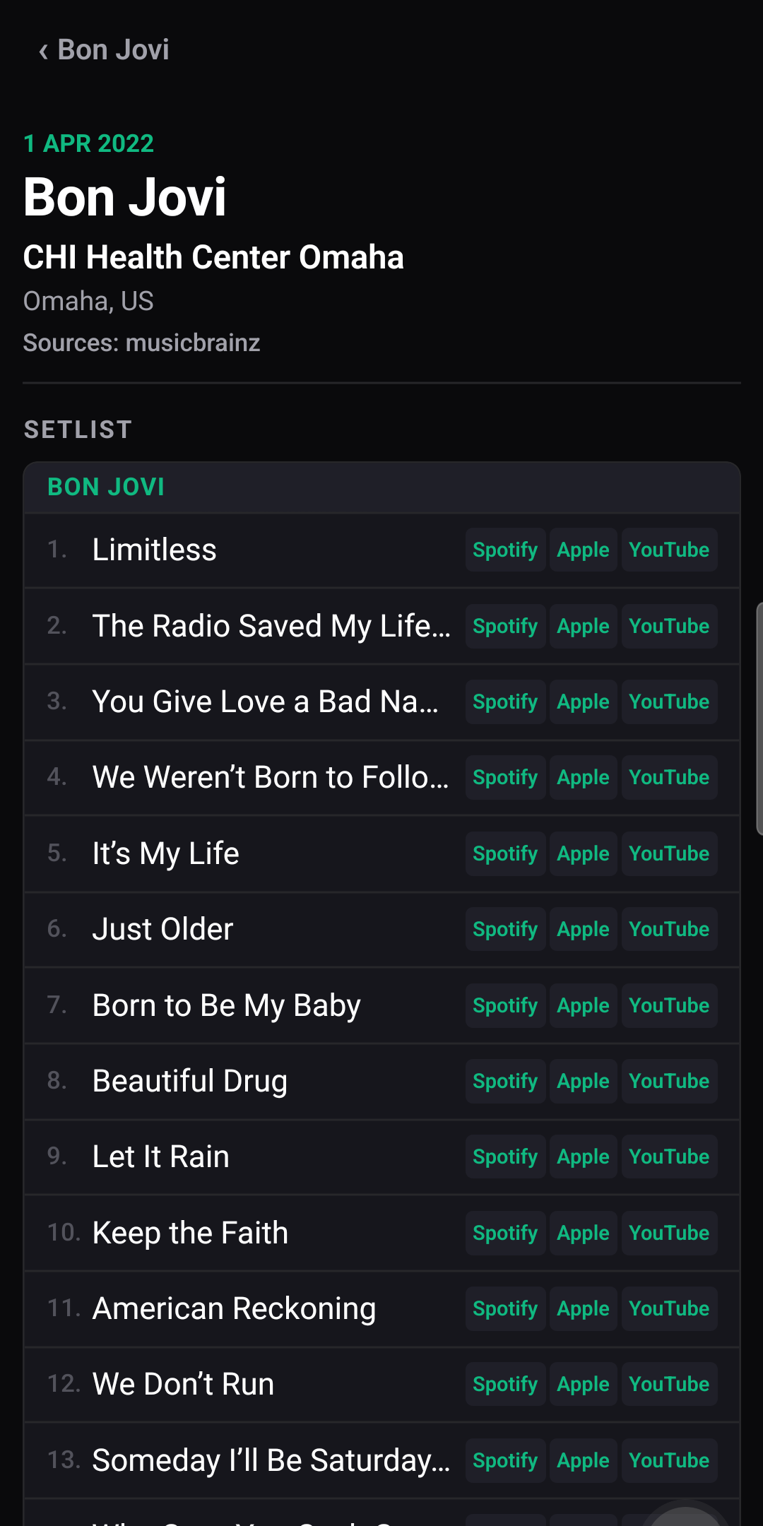 The setlist from Bon Jovi at CHI Health Center Omaha on 1 April 2022: numbered songs, each with Spotify, Apple and YouTube links